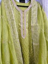 Festive 3 Piece Semi Stitched Suit Set with Gota work in Green Colour