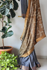 Brown to Grey Half and Half Venkatgiri Cotton Bandhani Saree