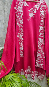 Festive and Vibrant Pink Colour Chanderi 3 Piece Semi Stitched Suit Set