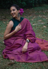 Handloom Tissue Linen Saree in Dual Shade Plum and Copper