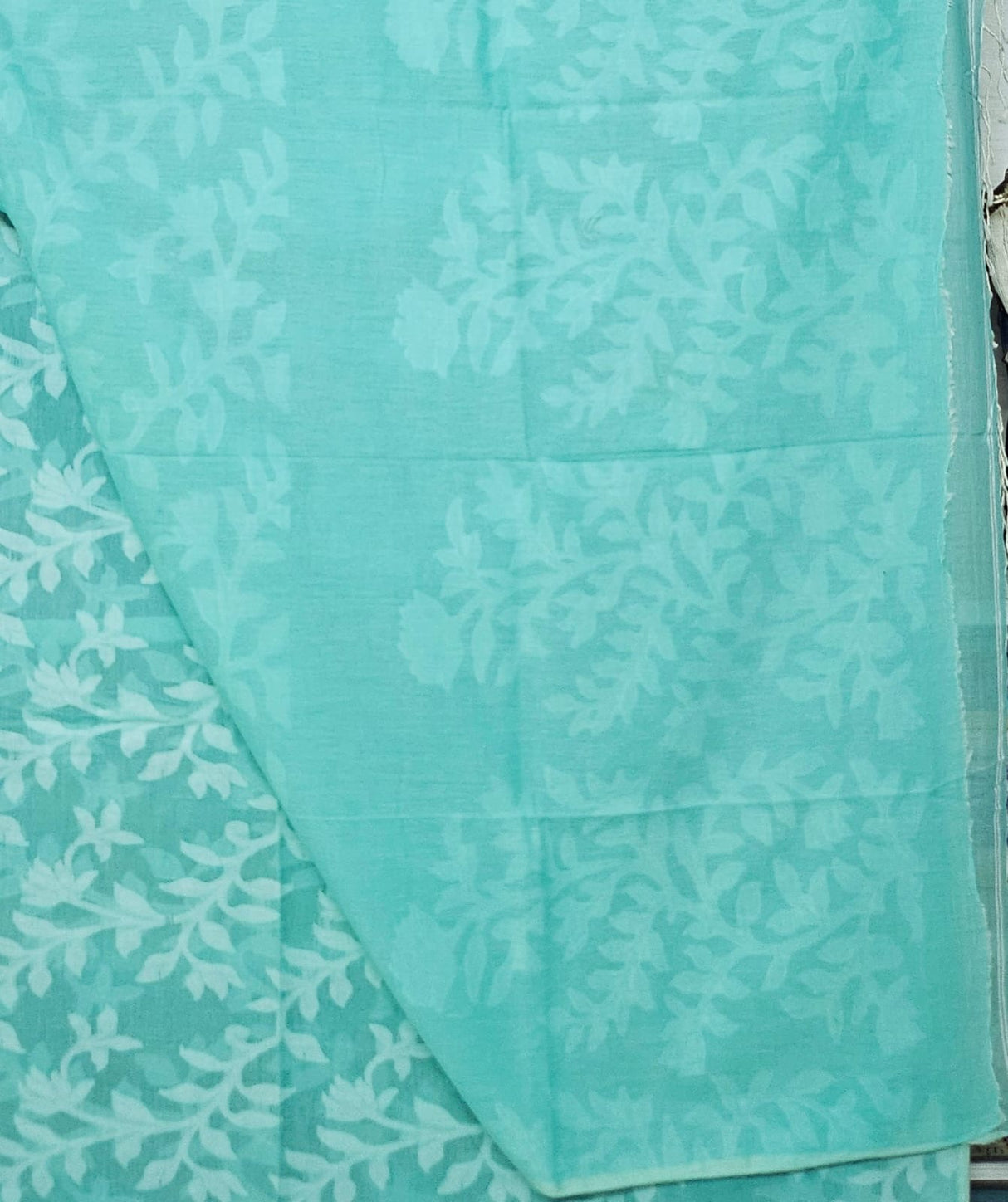 Turquoise Floral Cotton Saree made on Jacquard Loom