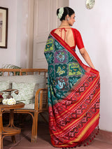 Exclusive Handloom Green and Red Mulberry Silk Ikat Patola Saree with Floral and Animal Motifs