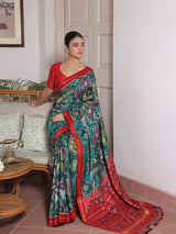 Exclusive Handloom Green and Red Mulberry Silk Ikat Patola Saree with Floral and Animal Motifs