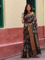 floral-black-cotton-silk-pen-kalamkari-saree-model-front-angle