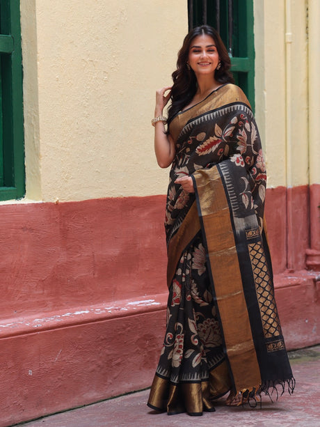 floral-black-cotton-silk-pen-kalamkari-saree-model-front-angle