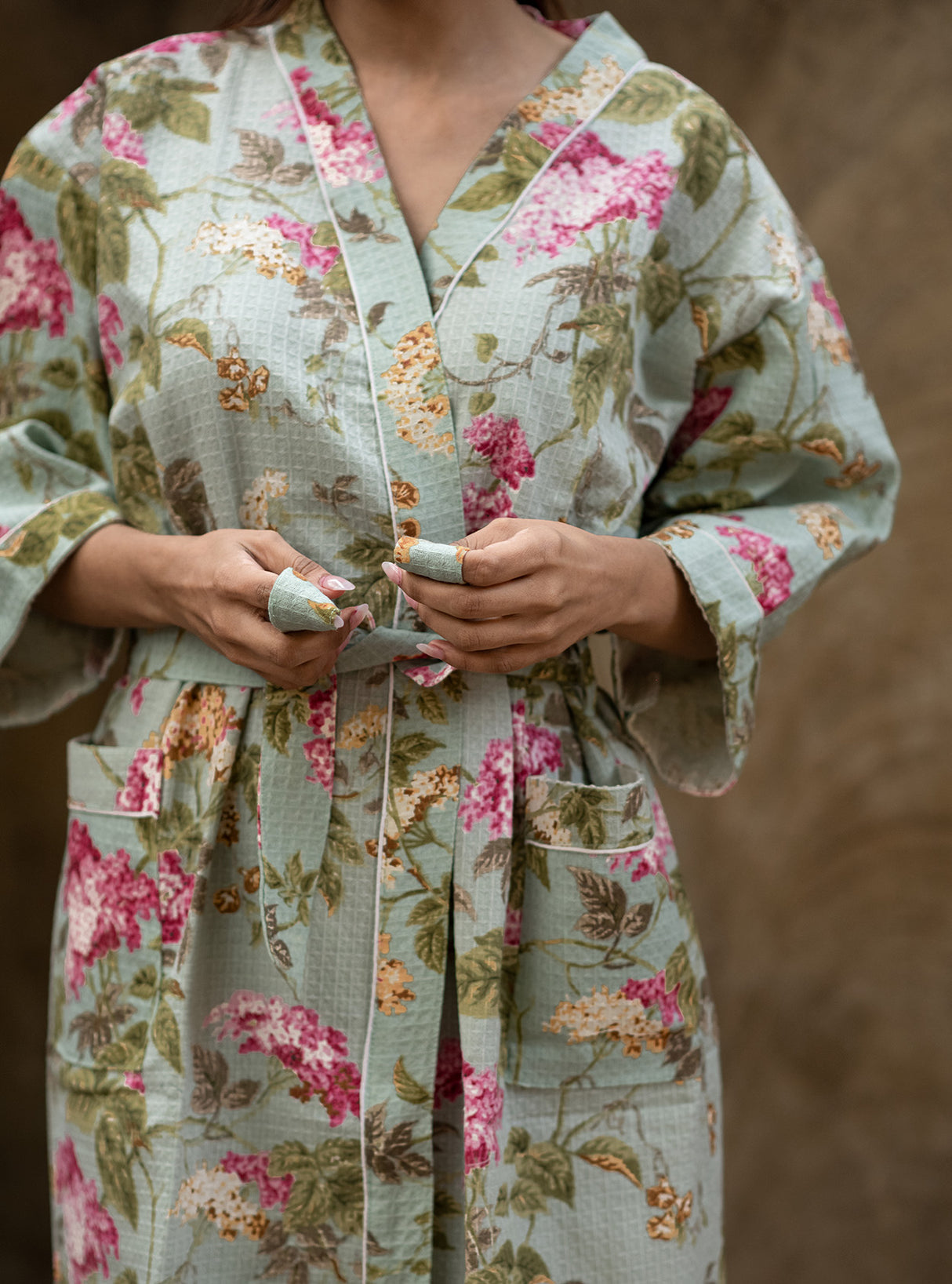 Floral Earthy Green Printed Cotton Waffle Bath Robe