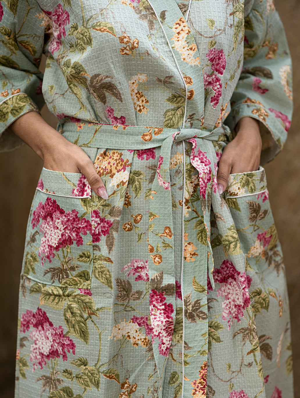 Floral Earthy Green Printed Cotton Waffle Bath Robe