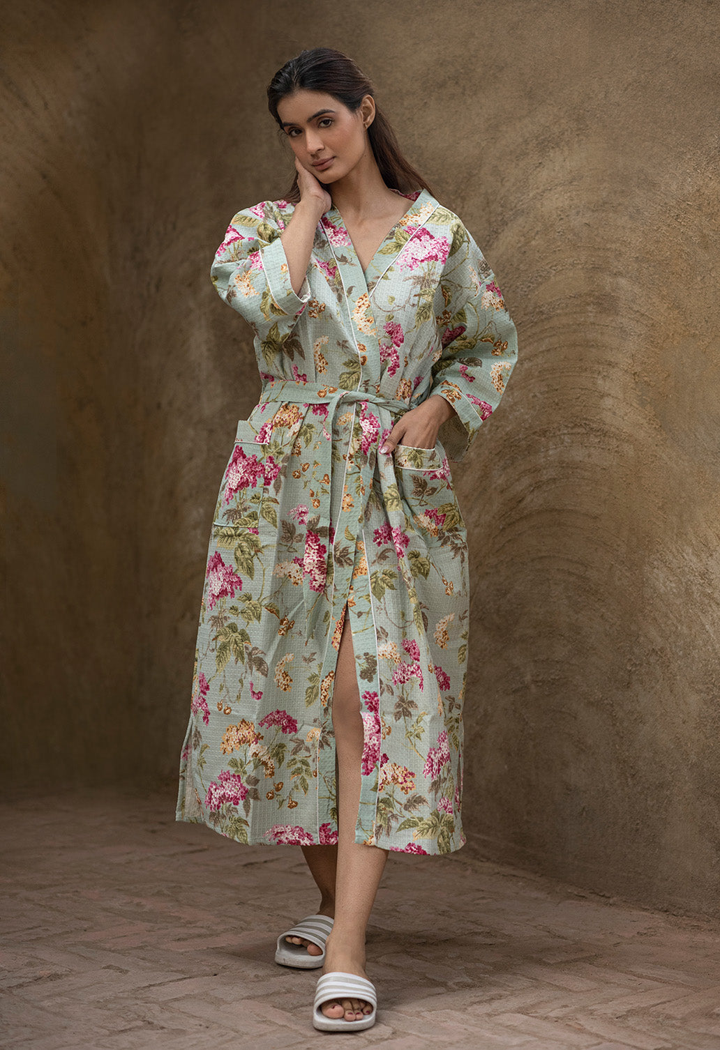 Floral Earthy Green Printed Cotton Waffle Bath Robe