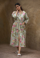 Floral Earthy Green Printed Cotton Waffle Bath Robe