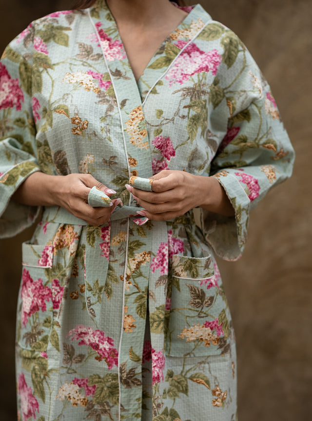 floral-earthy-green-cotton-waffle-bathrobe-side-view