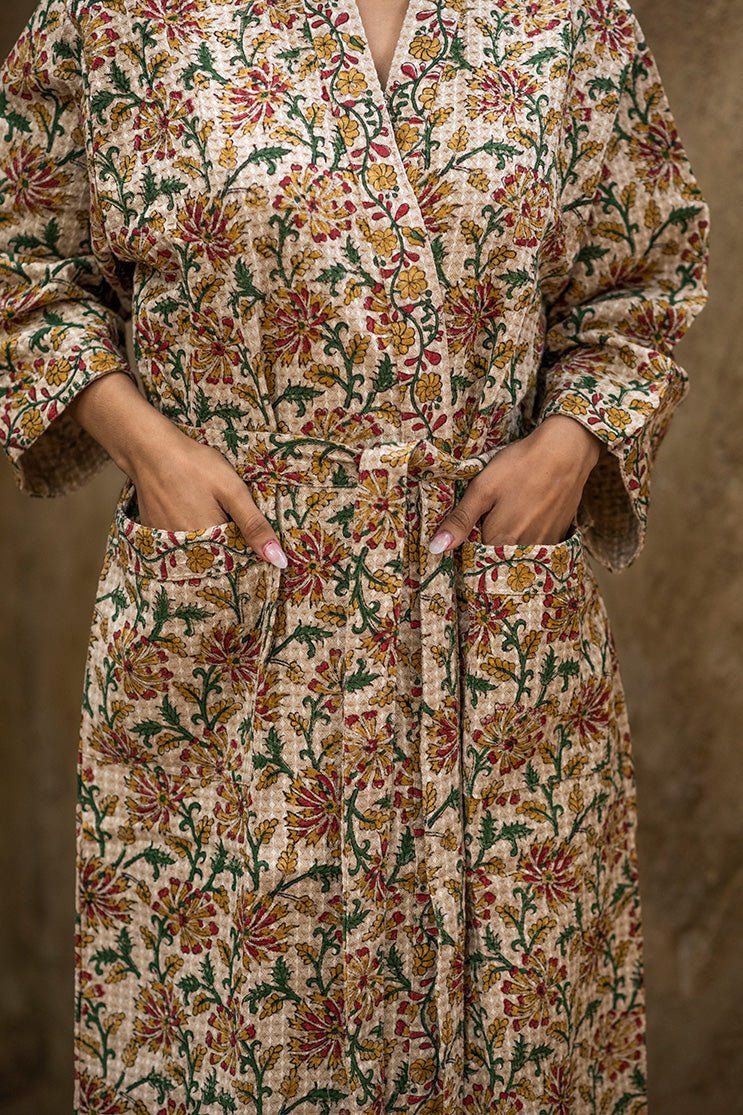 Floral Earthy Light Brown Printed Cotton Waffle Bath Robe