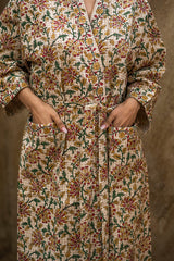 Floral Earthy Light Brown Printed Cotton Waffle Bath Robe