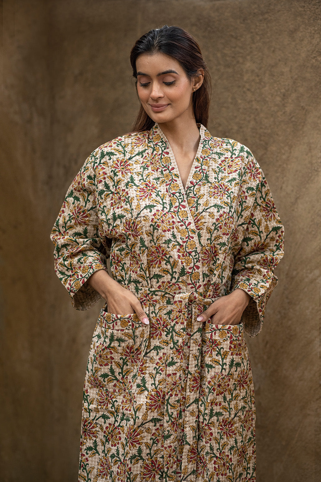 Floral Earthy Light Brown Printed Cotton Waffle Bath Robe