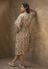 Floral Earthy Light Brown Printed Cotton Waffle Bath Robe