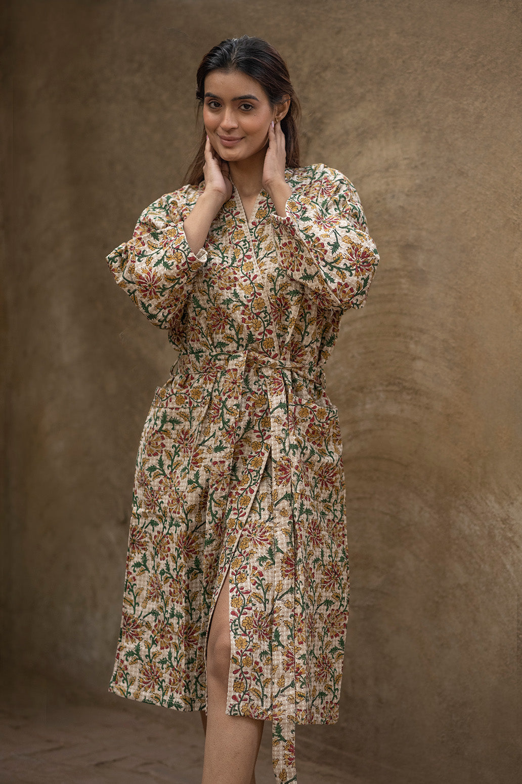 Floral Earthy Light Brown Printed Cotton Waffle Bath Robe