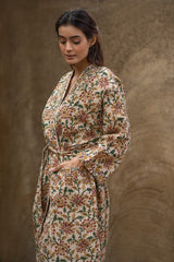 Floral Earthy Light Brown Printed Cotton Waffle Bath Robe