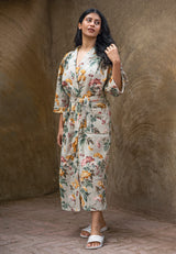 Floral Grey Printed Cotton Waffle Bath Robe