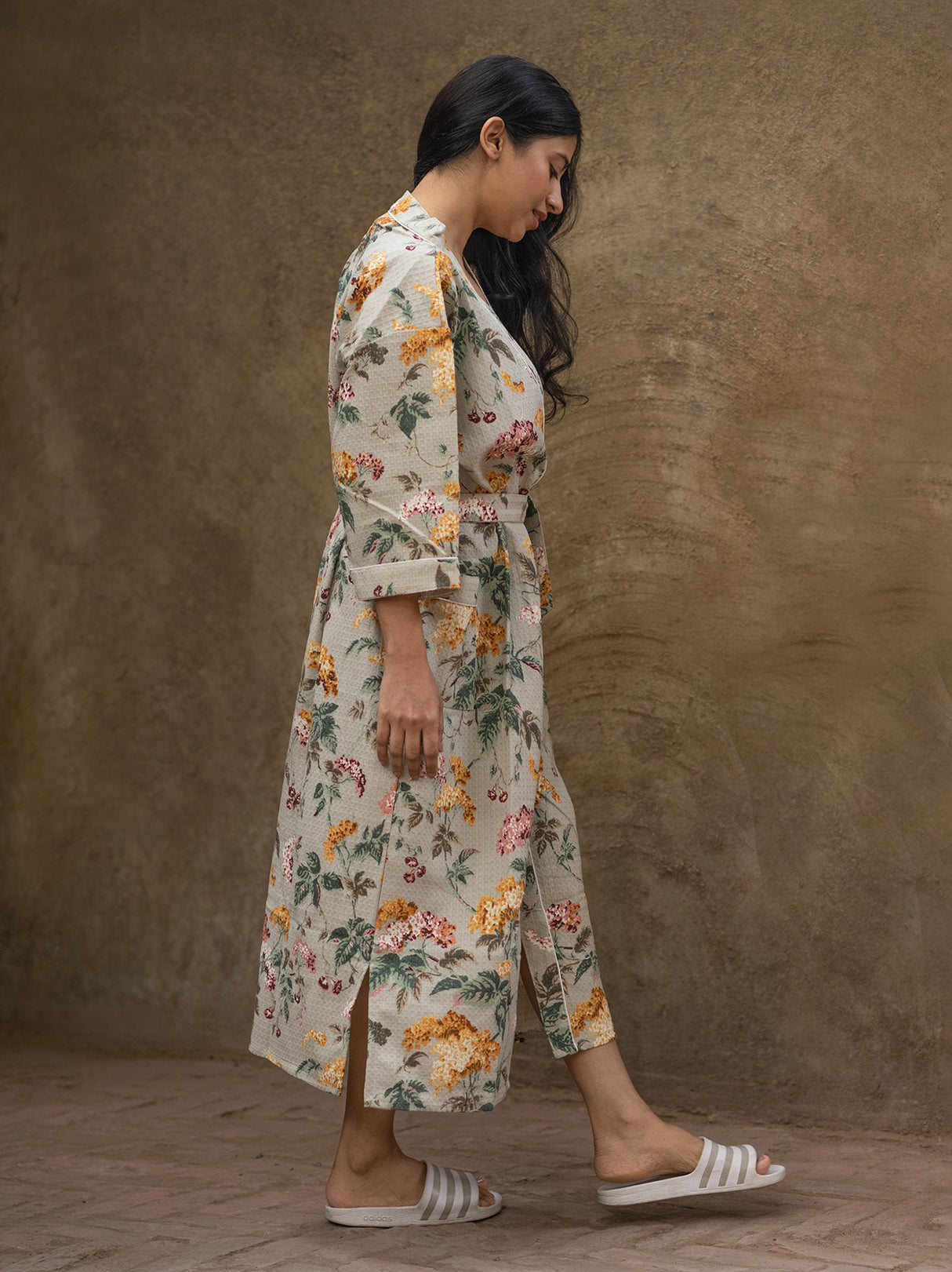 Floral Grey Printed Cotton Waffle Bath Robe