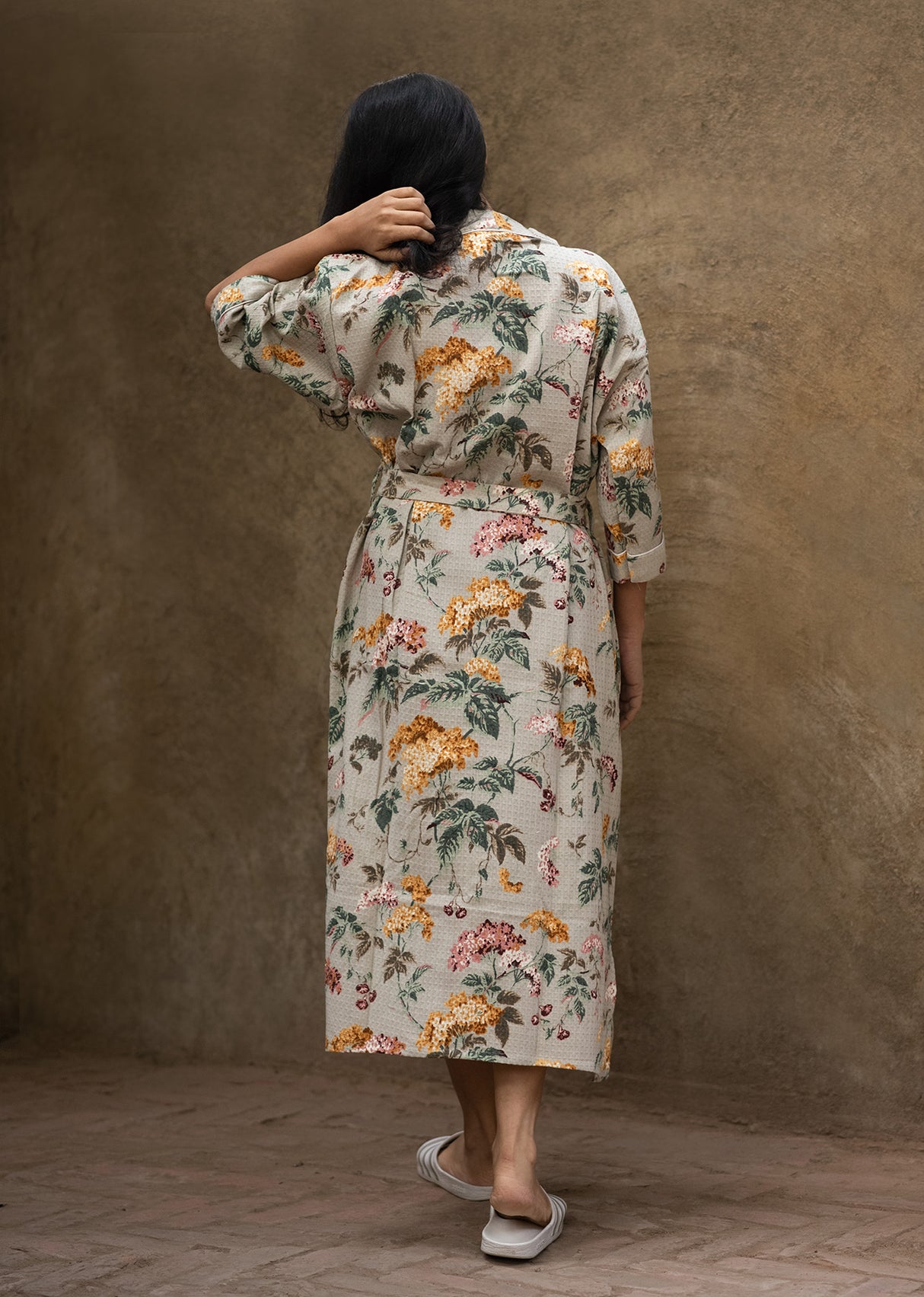 Floral Grey Printed Cotton Waffle Bath Robe