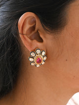 Floral Handcrafted 92.5 Silver Earring with Moissanite Polki