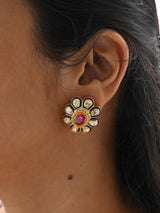 Floral Handcrafted 92.5 Silver Earring with Moissanite Polki