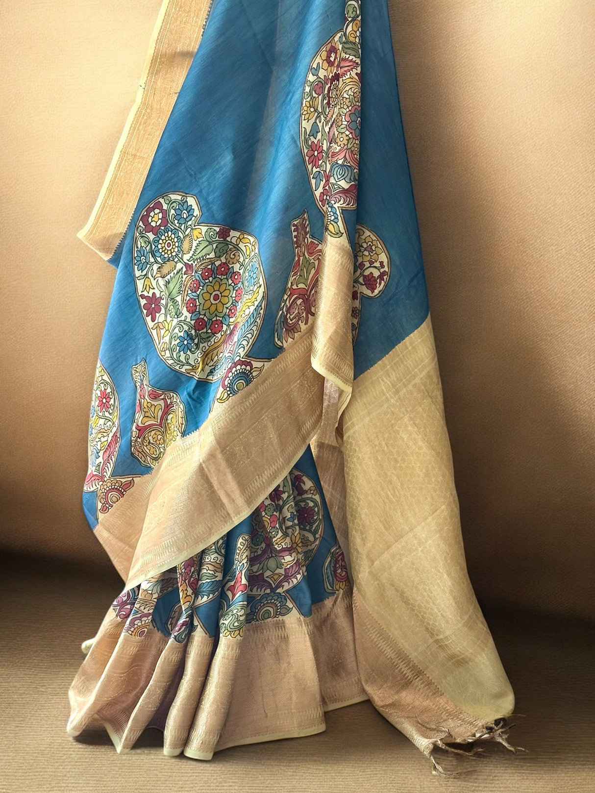 Paisleys with Floral Pattern Silk Kalamakari Saree in Blue Colour