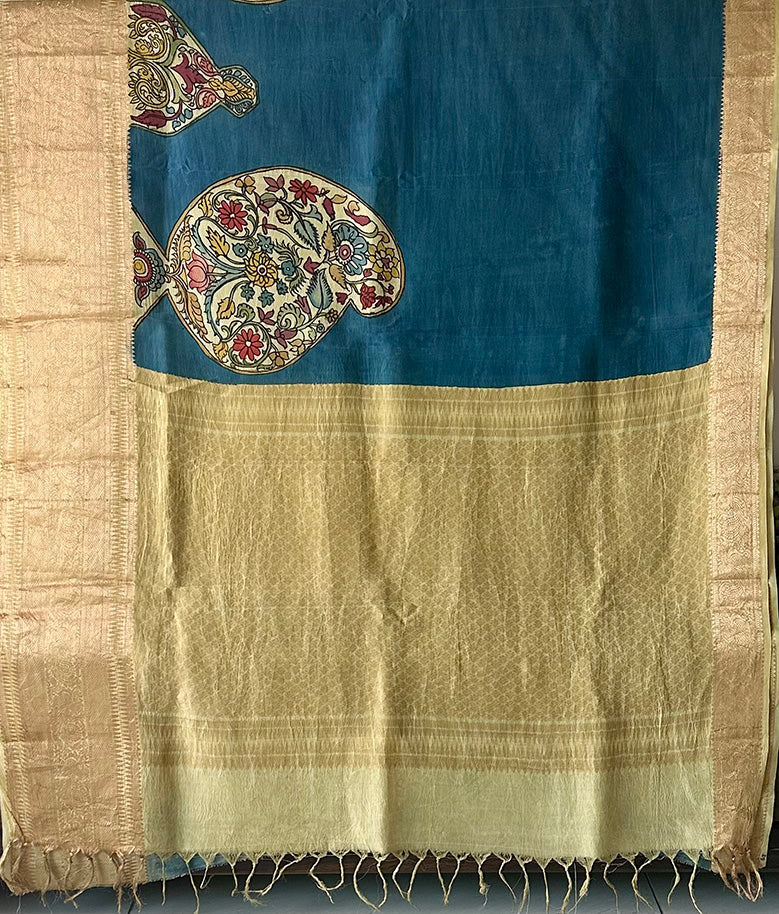 Paisleys with Floral Pattern Silk Kalamakari Saree in Blue Colour