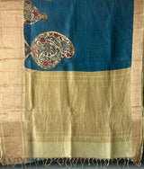 Paisleys with Floral Pattern Silk Kalamakari Saree in Blue Colour