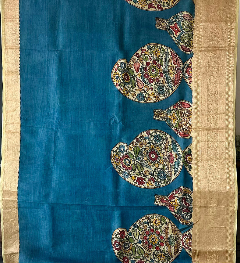 Paisleys with Floral Pattern Silk Kalamakari Saree in Blue Colour