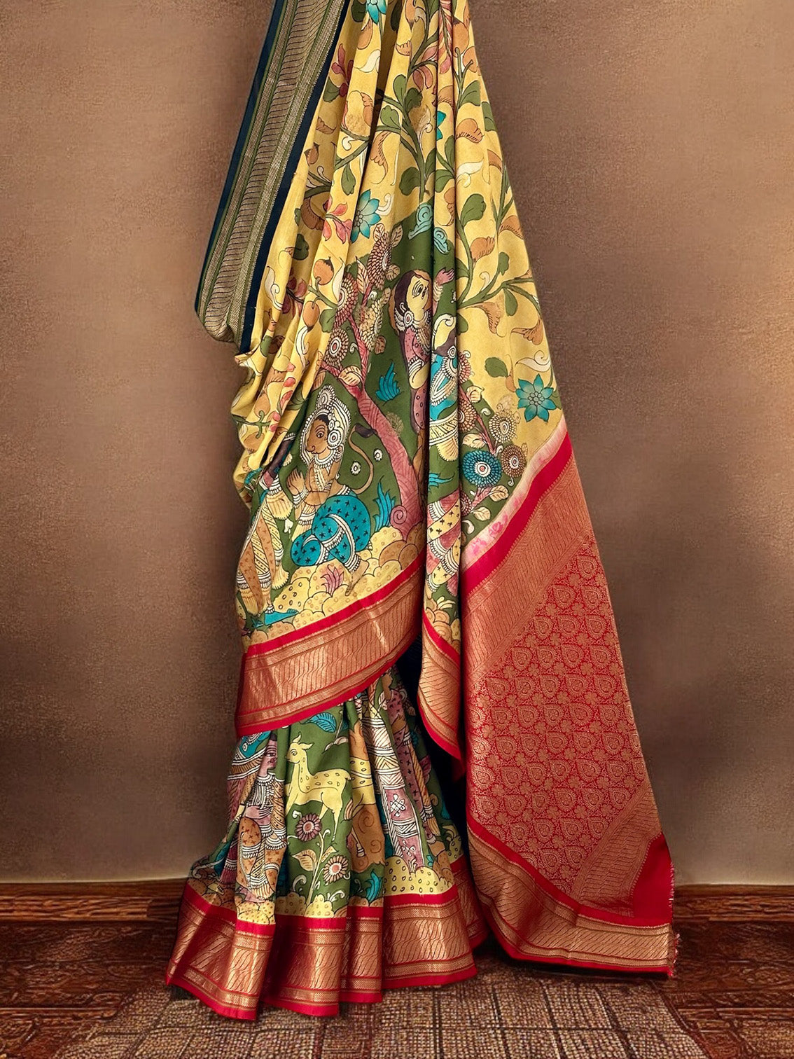 Floral and Ramayana Theme Pure Kanjivaram Silk Kalamkari Saree