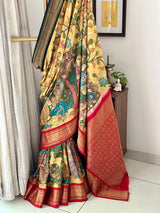 Floral and Ramayana Theme Pure Kanjivaram Silk Kalamkari Saree