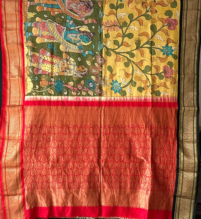 Floral and Ramayana Theme Pure Kanjivaram Silk Kalamkari Saree