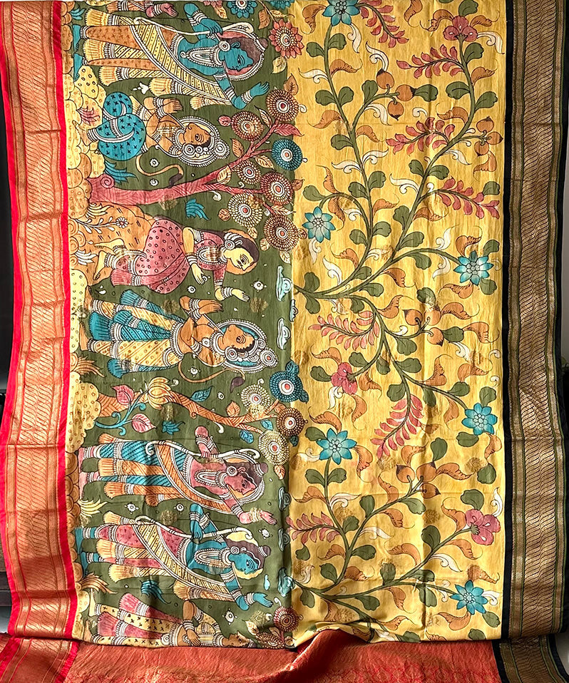 Floral and Ramayana Theme Pure Kanjivaram Silk Kalamkari Saree