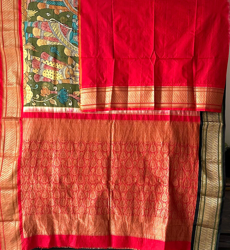 Floral and Ramayana Theme Pure Kanjivaram Silk Kalamkari Saree