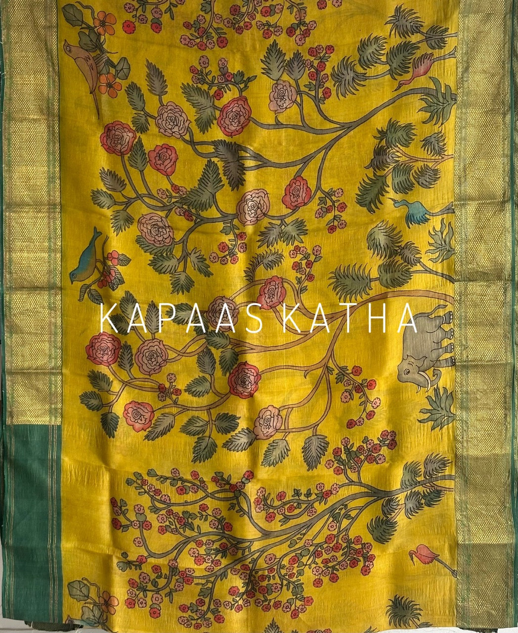 Floral theme Organza Silk Kalamkari Saree in Yellow Colour