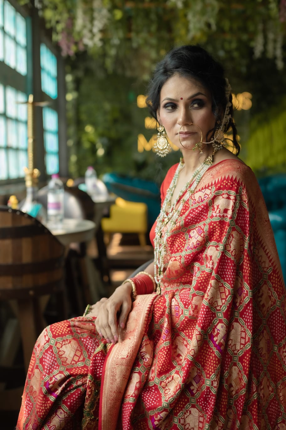 Gajraj Theme Red Banarasi Georgette Bandhani Saree