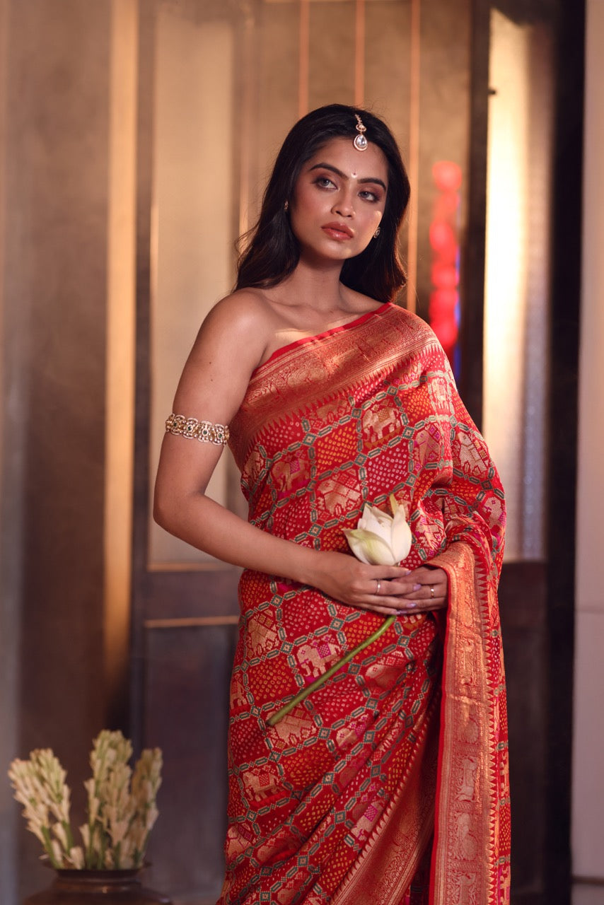 gajraj-theme-red-banarasi-georgette-bandhani-saree