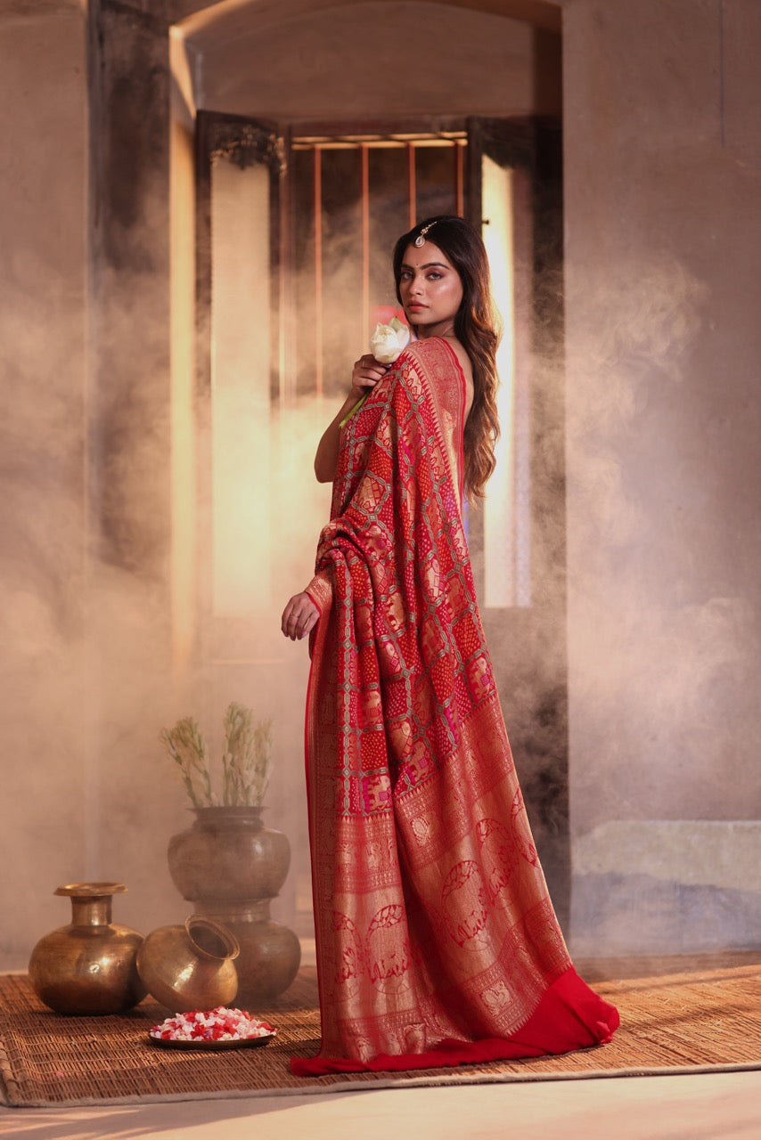 gajraj-theme-red-banarasi-georgette-bandhani-saree