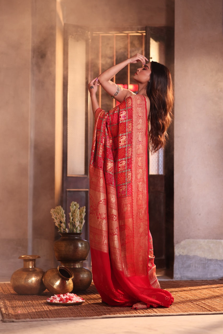 gajraj-theme-red-banarasi-georgette-bandhani-saree