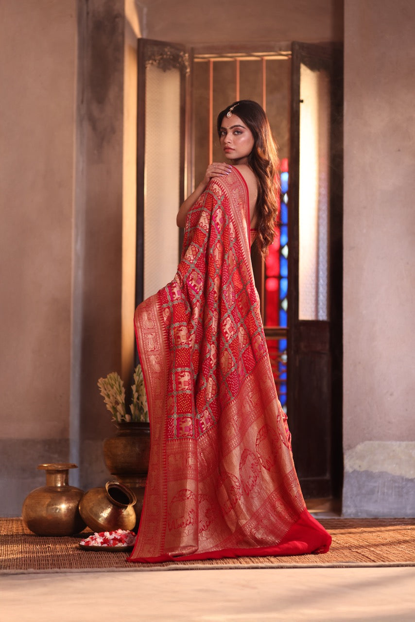 gajraj-theme-red-banarasi-georgette-bandhani-saree