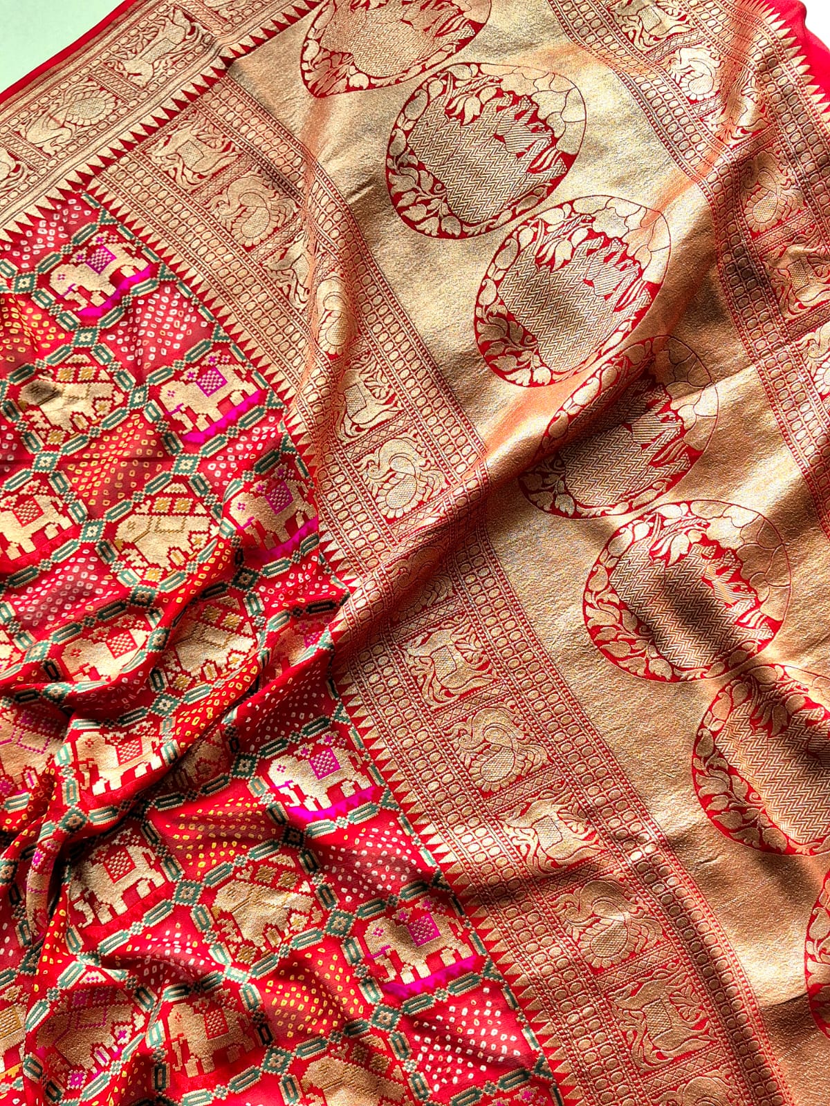 Gajraj Theme Red Banarasi Georgette Bandhani Saree