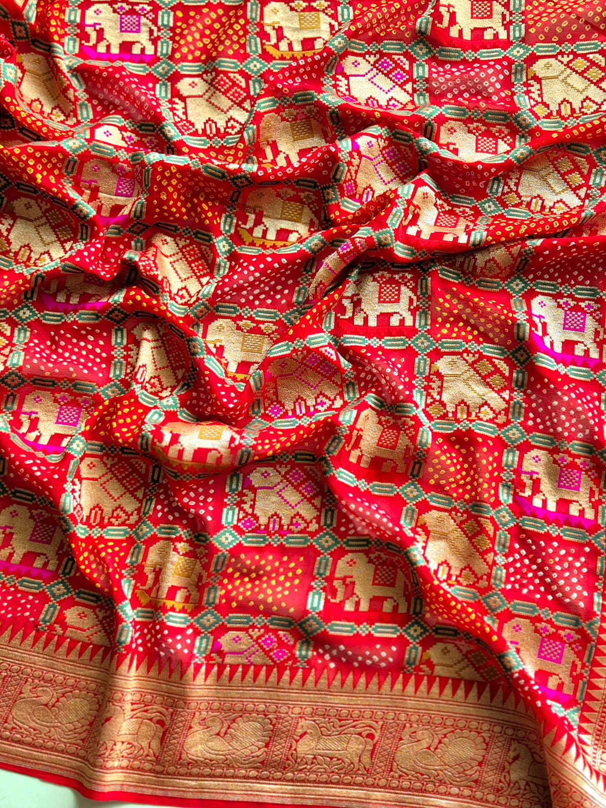 Gajraj Theme Red Banarasi Georgette Bandhani Saree