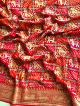 Gajraj Theme Red Banarasi Georgette Bandhani Saree