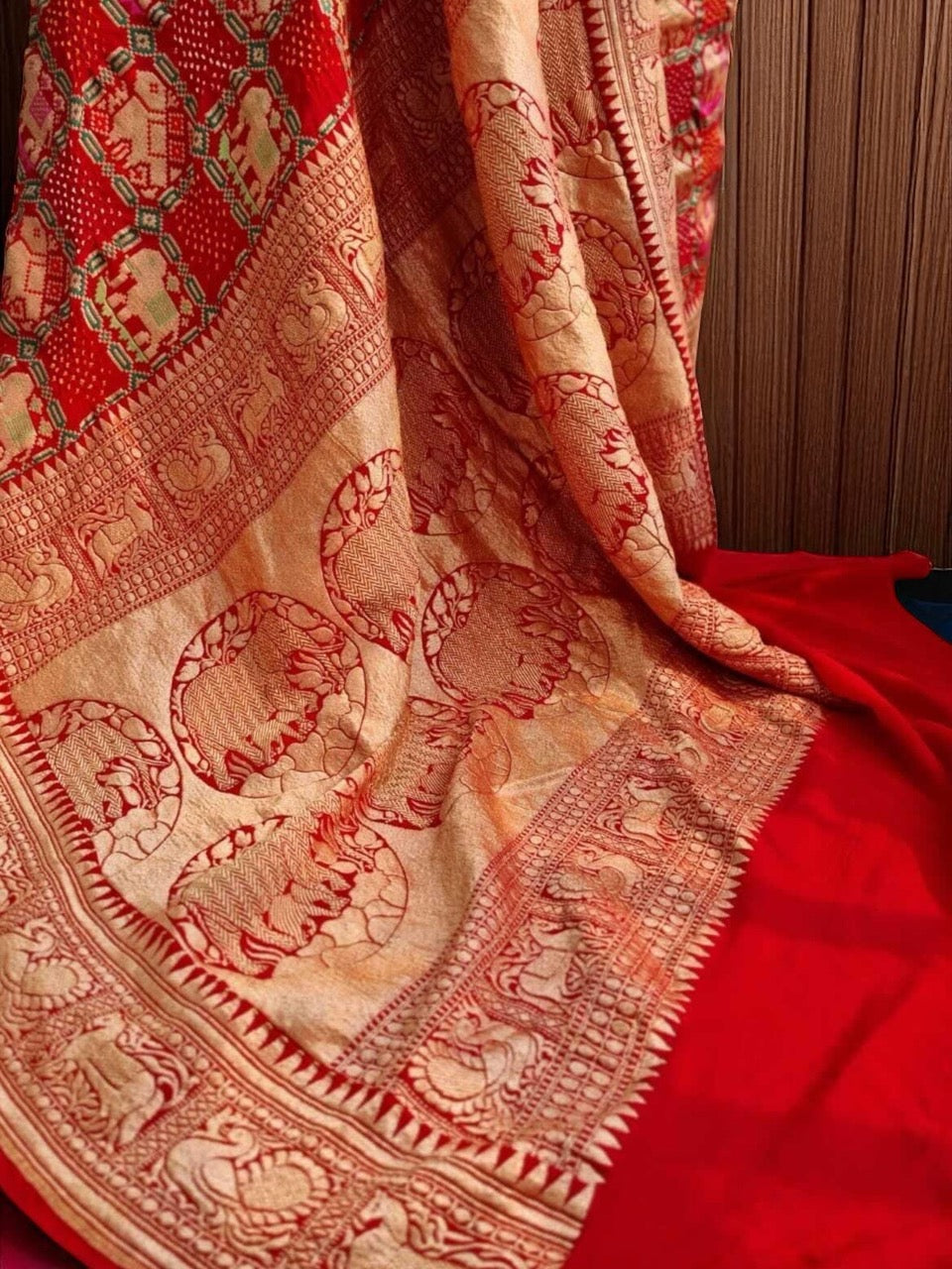 Gajraj Theme Red Banarasi Georgette Bandhani Saree