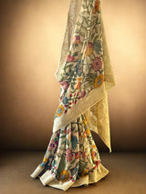 Floral theme Pure Georgette Kalamkari saree with Lucknow Hand Embroidery