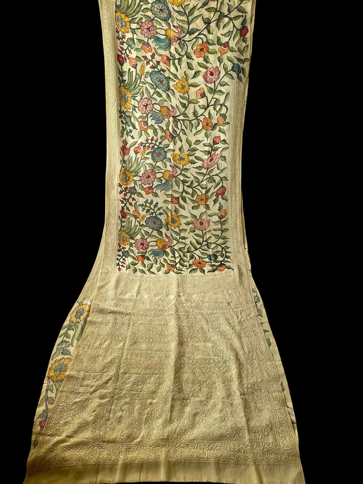 Floral theme Pure Georgette Kalamkari saree with Lucknow Hand Embroidery