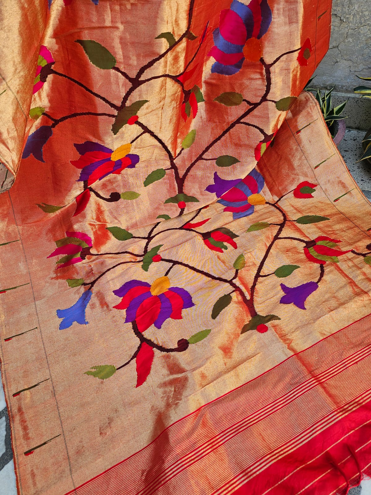 Handloom Red and Golden Tissue Silk Paithani Dupatta with Muniya Border