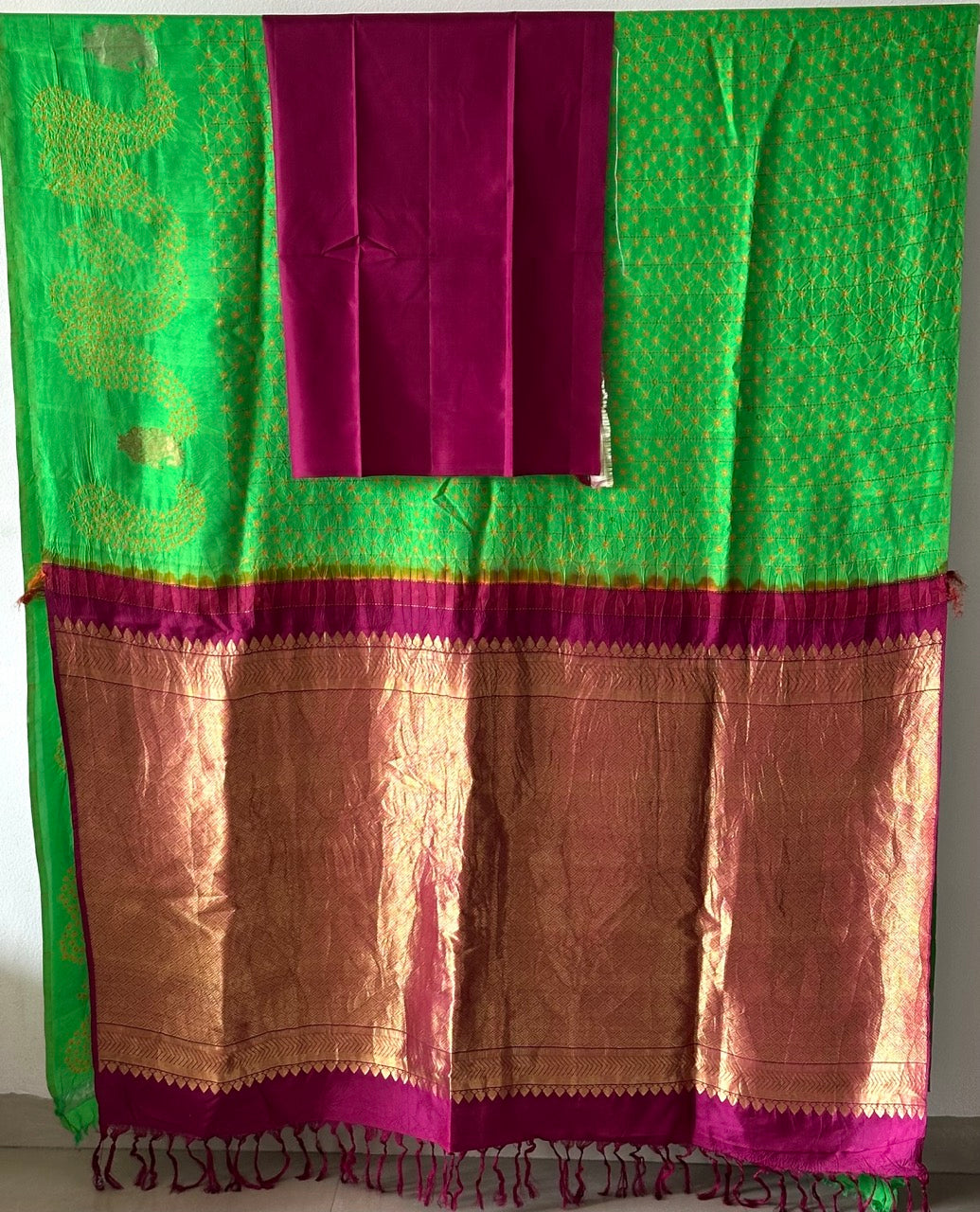 green-and-maroon-kanjivaram-silk-bandhani-saree-with-yellow-bandhej