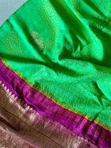 green-and-maroon-kanjivaram-silk-bandhani-saree-with-yellow-bandhej