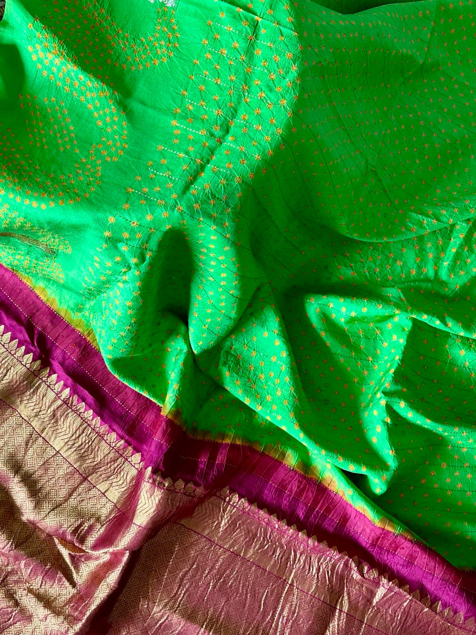 green-and-maroon-kanjivaram-silk-bandhani-saree-with-yellow-bandhej